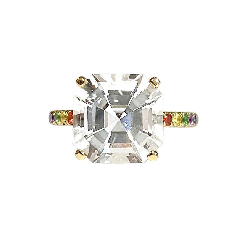 Trendy Minimalist Jewelry For Everyday Wear Cirque Asscher Solitaire Pavé Band Ring with White Topaz & Rainbow Pavé Trendy Minimalist Jewelry For Everyday Wear Cirque Asscher Solitaire Pavé Band Ring with White Topaz & Rainbow Pavé