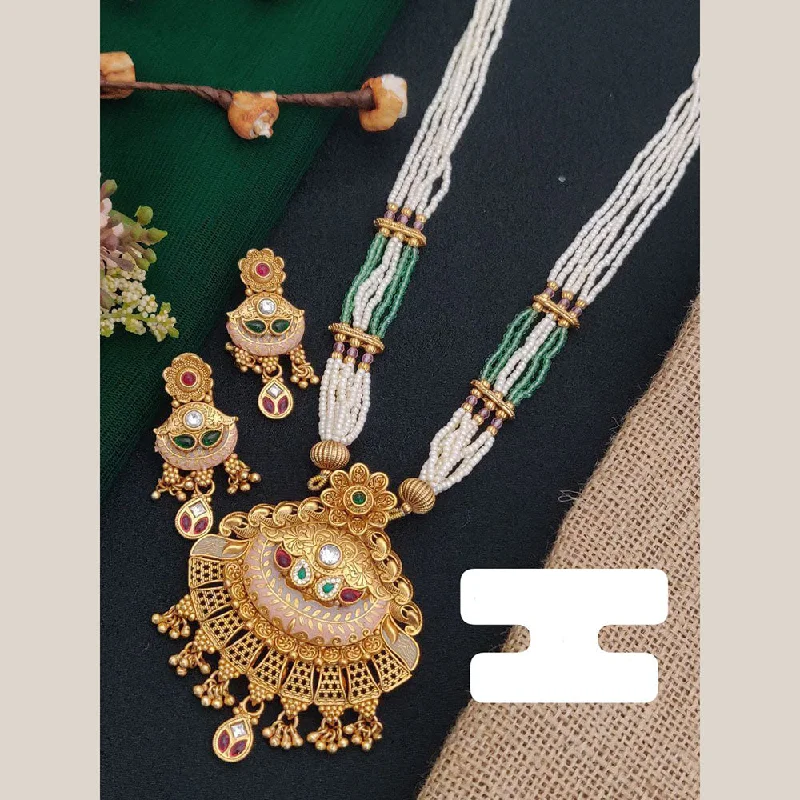 Handcrafted Beauty At Affordable Prices FS Collection Gold Plated Pota Stone And Pearl Long Necklace Set