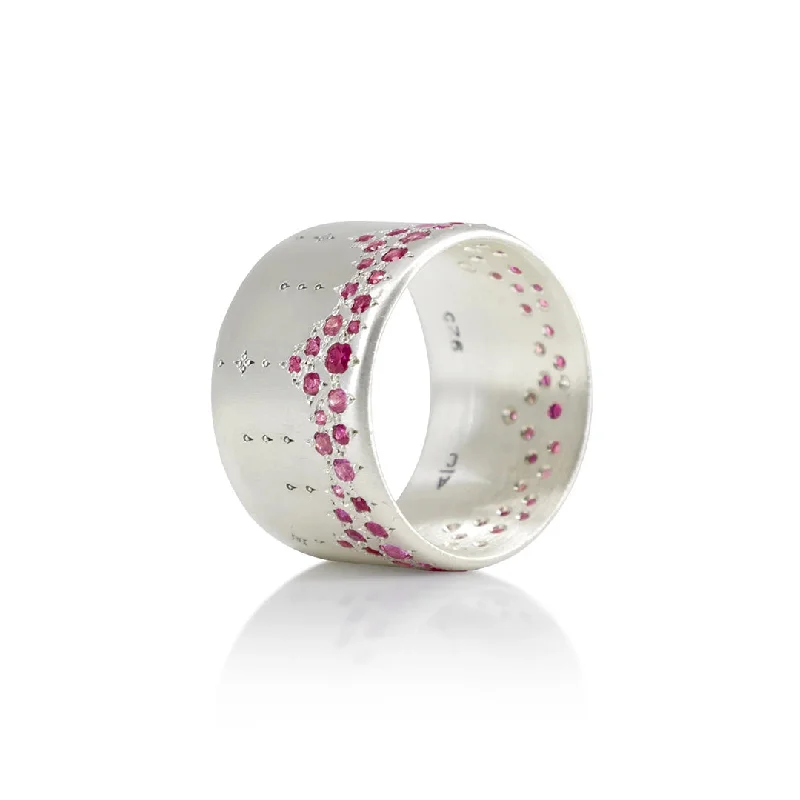 Personalized Jewelry Sale – Unique Gifts At Low Prices Wide Silver Band with Ruby & Pink Sapphire Horizon